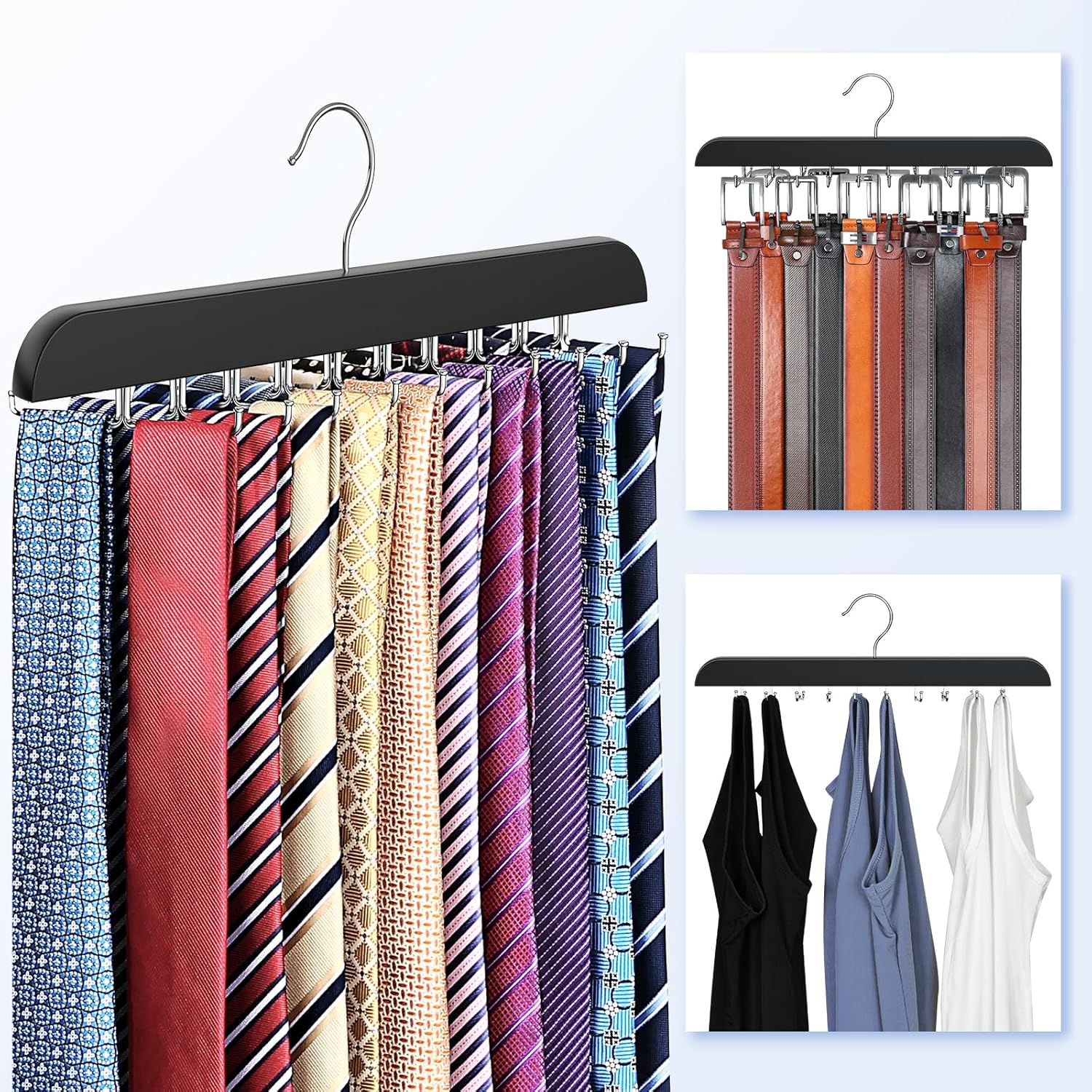 RESOVO Upgraded Tie Rack Hanger with 20 Foldable Metal Hooks, Space Saving Necktie Organizer for Men – Large Capacity Tie and Belt Wooden Hanger for Closet - Black