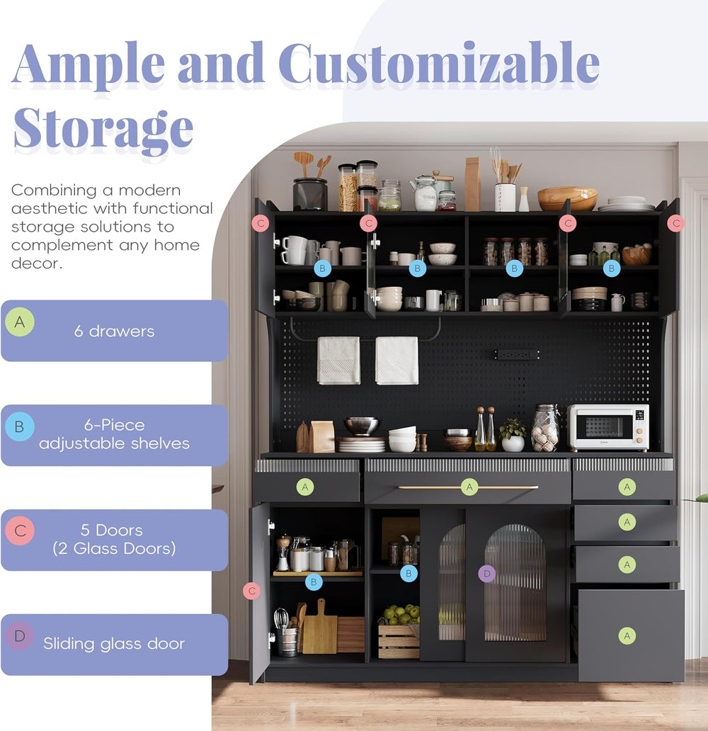 Freestanding Kitchen Pantry Cabinet with Hutch, Large Coffee Bar Storage Cabi...
