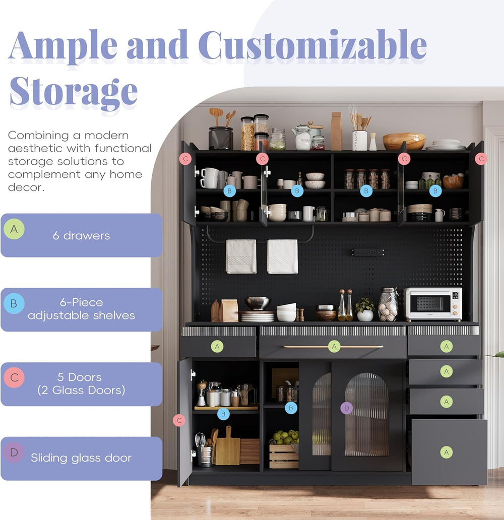 Large Pantry Cabinet with Hutch and Adjustable Shelves, Freestanding Coffee B...