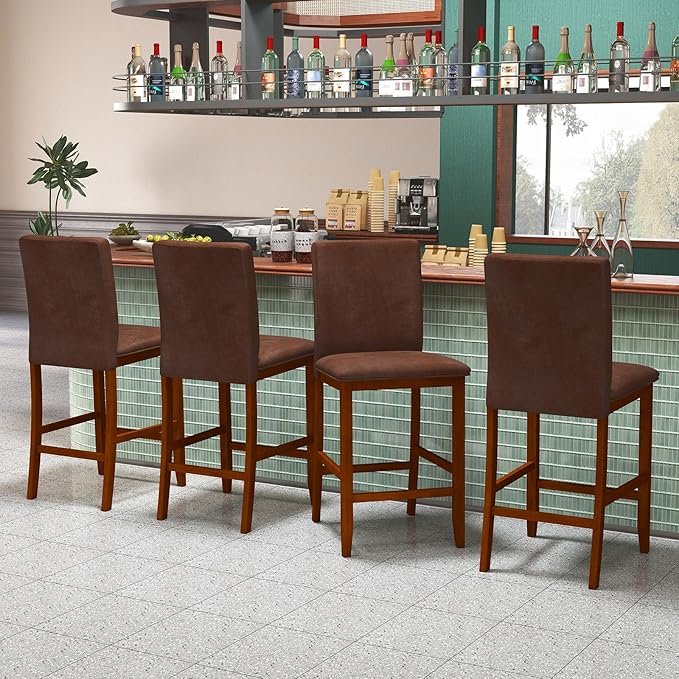 COSTWAY Upholstered Counter Height Bar Stools Set of 2, 26'' Wooden K...