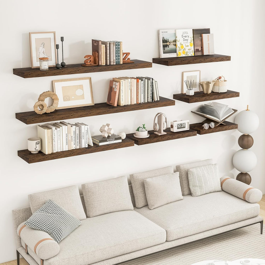 RICHFOCUS 24Inch Floating Shelves for Wall 2 Pack Shelves for Bedroom|Kitchen|Bathroom Wall Mounted Rustic Wood Floating Shelf with Invisible Brackets for Books|Storage|Decor, Rustic Brown