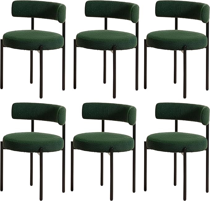 Boucle Dining Chairs Set of 6, Green Dining Chairs with Upholstered Seat and Round Back, Mid-Century Modern Kitchen Chairs for Dining Room, Restaurant