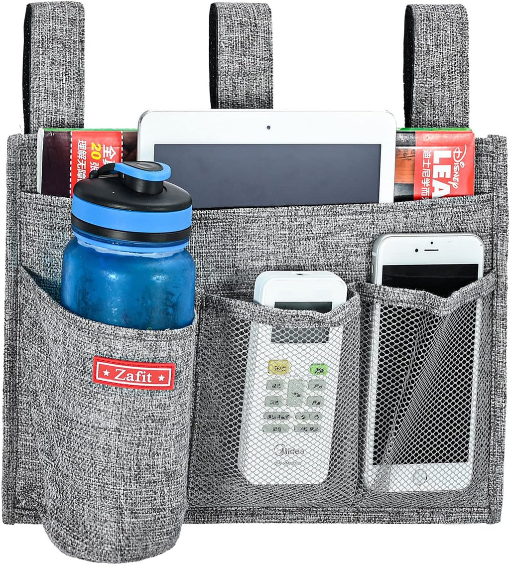 Linen Bedside Caddy, Bedside Storage Organizer for Hospital Beds, College Dorm Rooms or Baby Bed (4 Pockets-Grey)