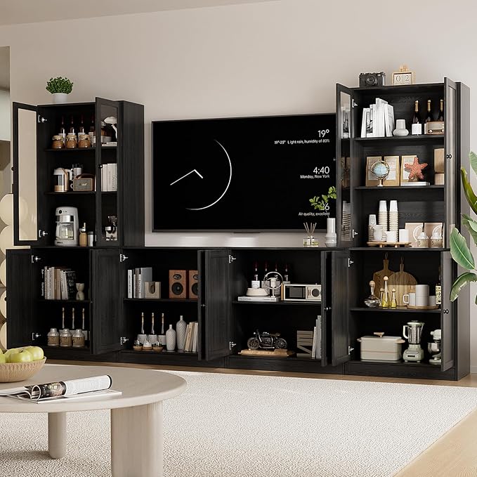 TUSY 71" TV Stand Storage Set - 2 Tall Bookcases & 2 Side Cabinets, Media Console with Glass & Wood Doors, Entertainment Center with Drawers, Tall Media Console for Living Room (Black, ACCA)