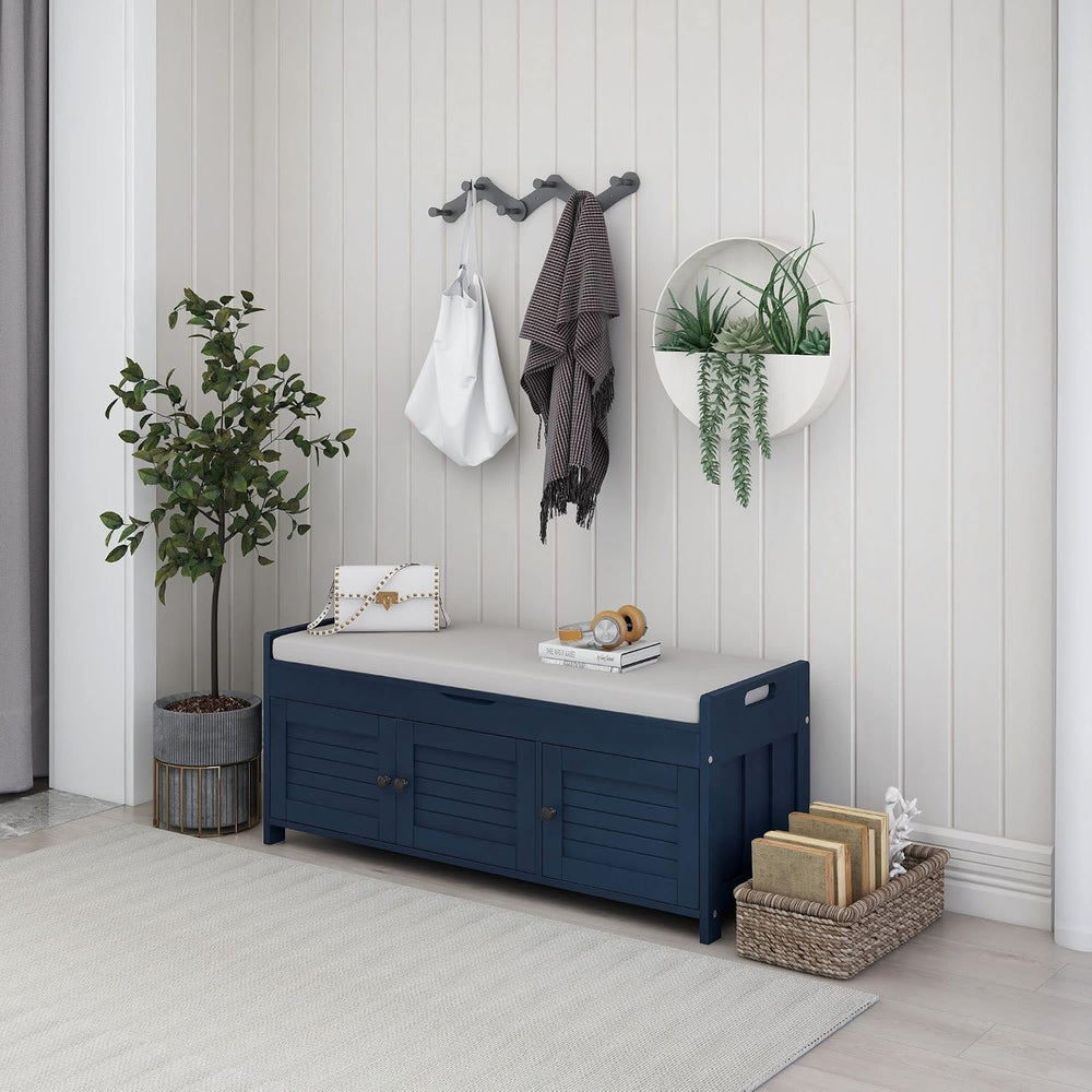 Storage Bench with 3 Shutter-Shaped Doors, Wood Shoe Bench with Removable Cus...
