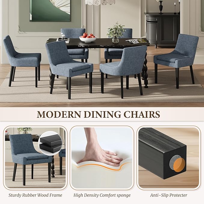 Modern Dining Chairs Set of 6, Upholstered Corduroy Dining Room Chairs with Wood Legs, Mid-Back Padded Kitchen Side Chairs for Dining Room, Blue