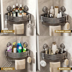 VOLPONE Corner Shower Caddy Suction Cup Shower Shelf Corner No Drilling Bathroom Shower Organizer Storage Rack Adhesive with Towel Bar Hooks (2-Pack, Matte Gray)