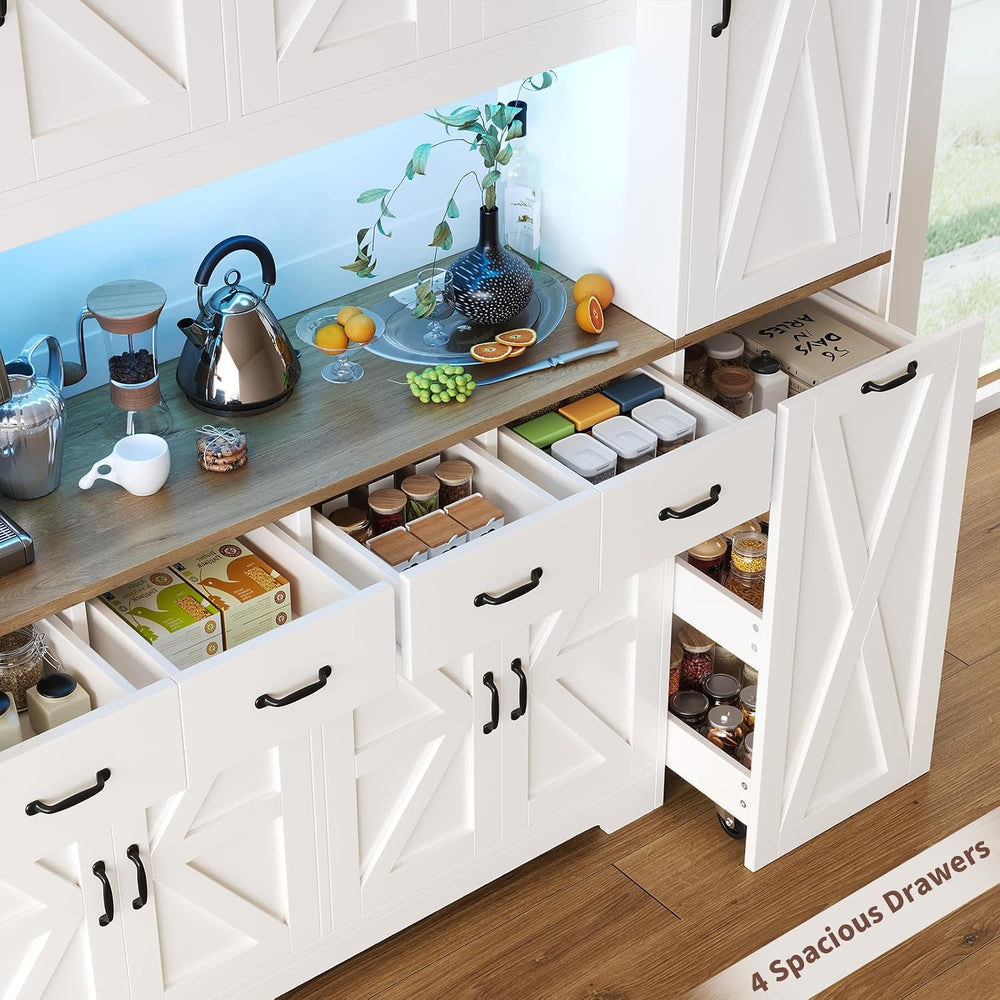 70.9" Tall Farmhouse Pantry Cabinet with Pull-Out Storage Cart & LED...