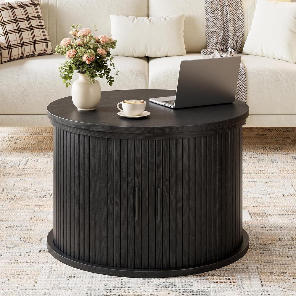 Round Lift Top Coffee Table, 23.6" Fluted Drum Coffee Table with Large H...