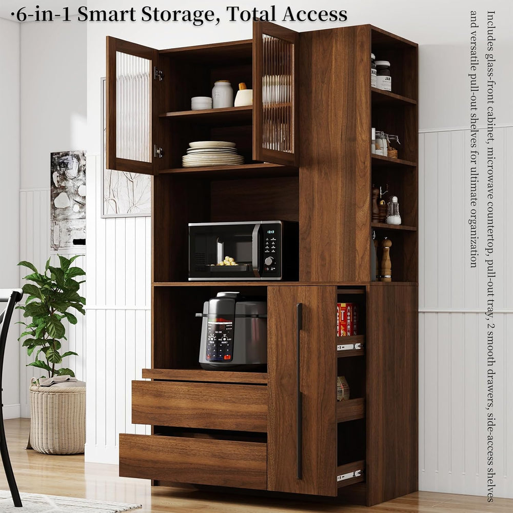 Tall Kitchen Hutch Cabinet with Pull-out Shelves, Storage Drawers, Glass Door...