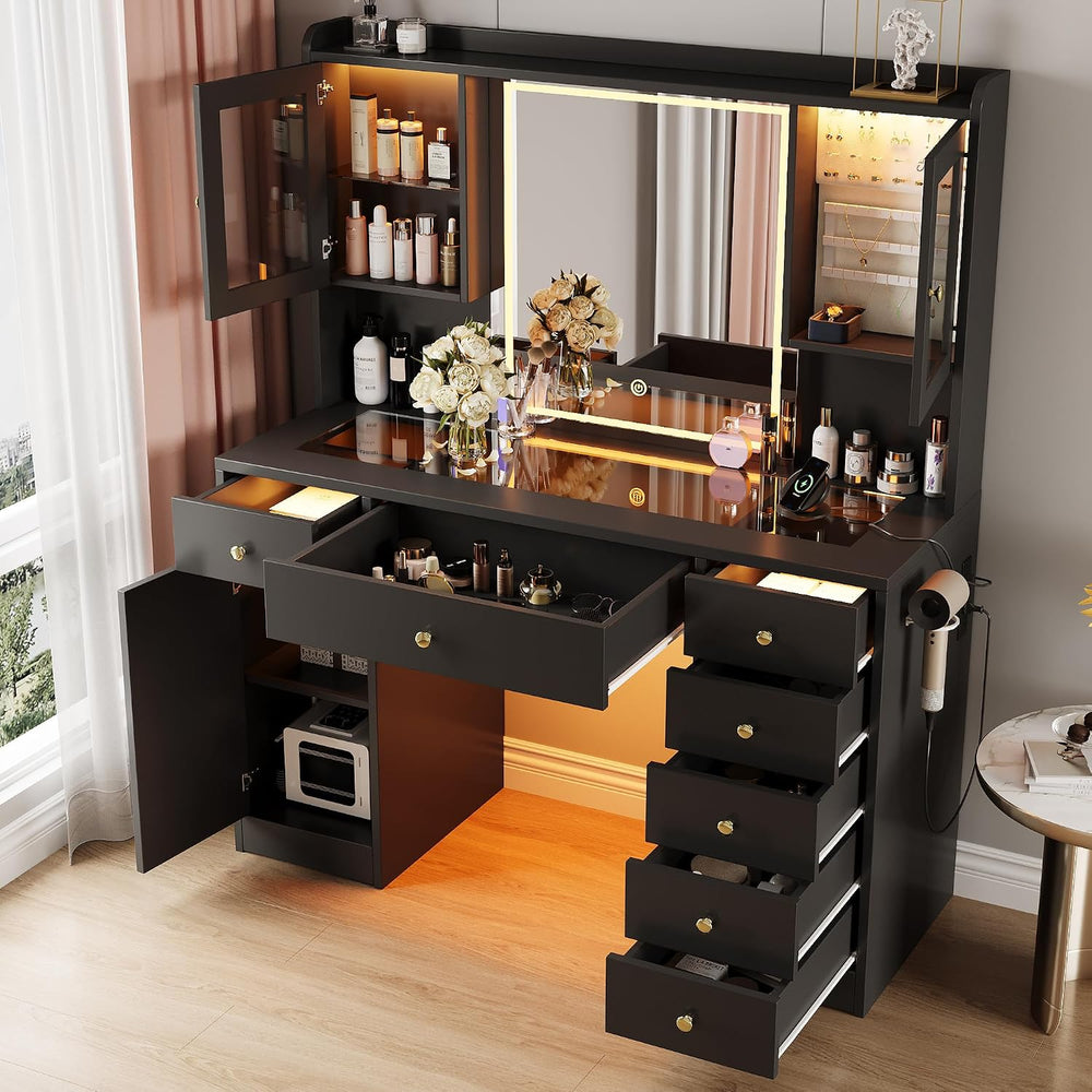 Einhomn Makeup Vanity Desk with Mirror & LED Lights, Large Glass Top Vani...