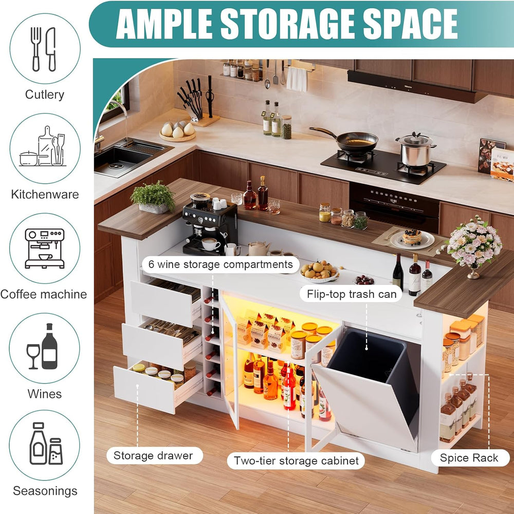 PAKASEPT Kitchen Island with Storage, 86.6" Island Table with LED Light ...