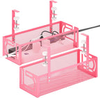 Under Desk Cable Management Tray, 15.7'' No Drill Steel Desk Cable Organizers, Wire Management Tray Cable Management Rack (2 Pack-Pink)