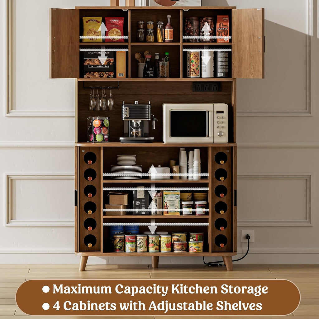Lulive Kitchen Pantry Cabinet with Charging Station, Walnut | Rolling & Sliding Doors, Adjustable Shelves, Open Countertop, Wine Glass Rack, Modern Storage Cabinet for Dining Room