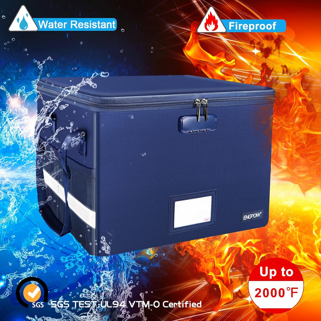 ENGPOW File Box with Lock, Fireproof Document Box with Zipper＆Pockets, Collapsible File Organizer Filing Storage Cabinet with Handle, Portable Home Office Safe for Hanging Letter/Legal Folder, Blue