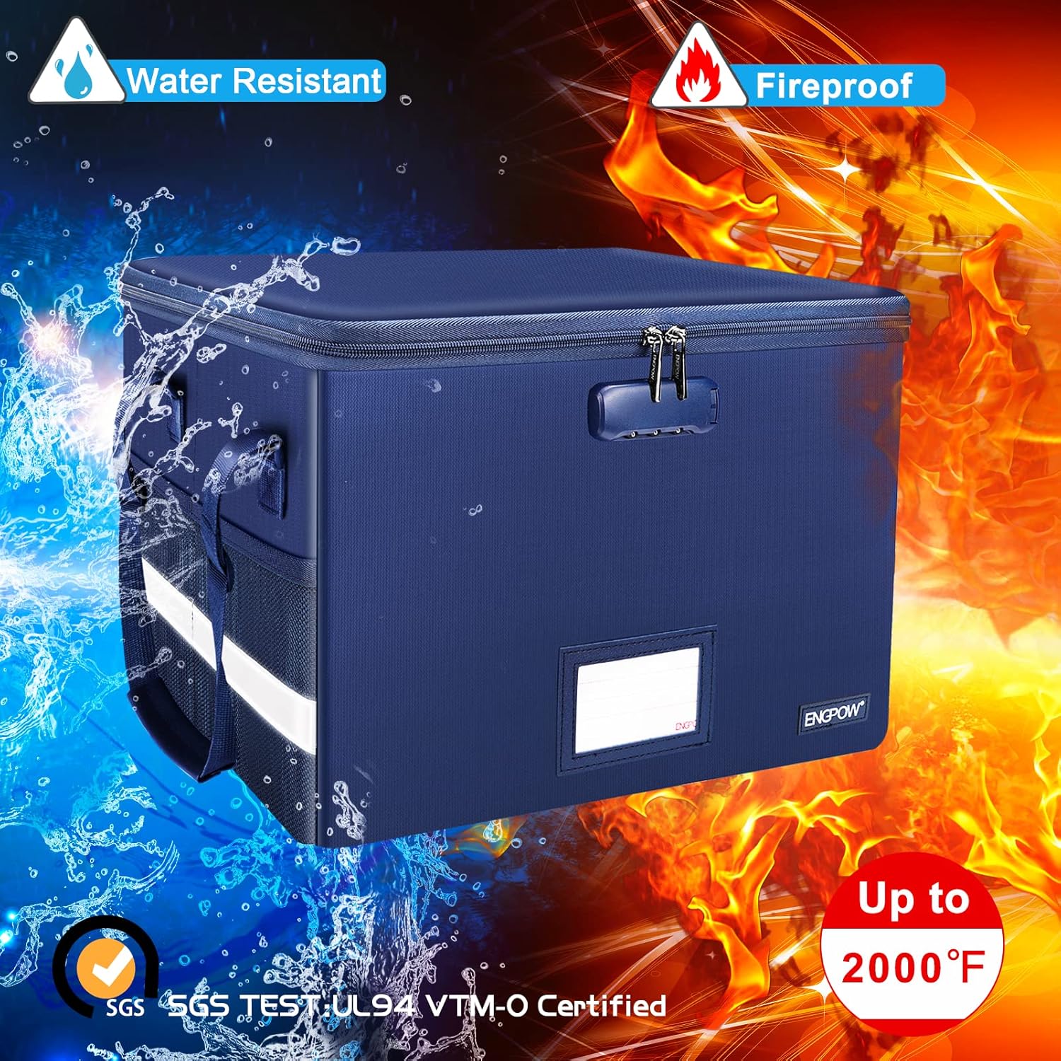 ENGPOW File Box with Lock, Fireproof Document Box with Zipper＆Pockets, Collapsible File Organizer Filing Storage Cabinet with Handle, Portable Home Office Safe for Hanging Letter/Legal Folder, Blue