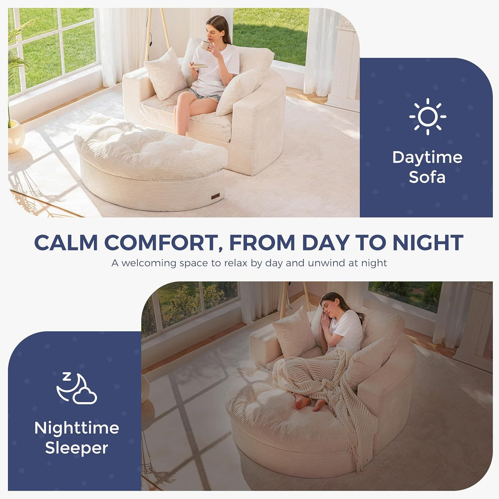 MAXYOYO Oversized Round Chaise Lounge Sofa, Floor Chair with Ottoman | Beige ...