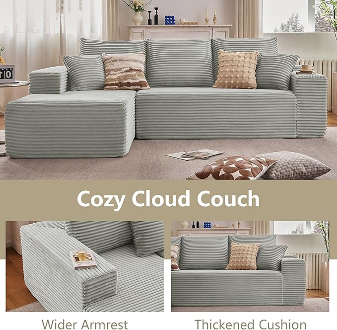 107" Cloud Sectional Couch with L-Shape Chaise, Modern Modular Comfy Sofa with Deep Seat, Upholstered Corduroy Couches Sleeper Chaise Longue for Living Room Bedroom, No Assembly Required, Grey