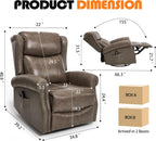 Genuine Leather Recliner Chair for Adults, Manual Swivel Rocker Glider Rocking Chair with Vibration Massage Lumbar Heat for Nursery, Rivet Design Single Sofa Chair for Living Room - Gray Brown