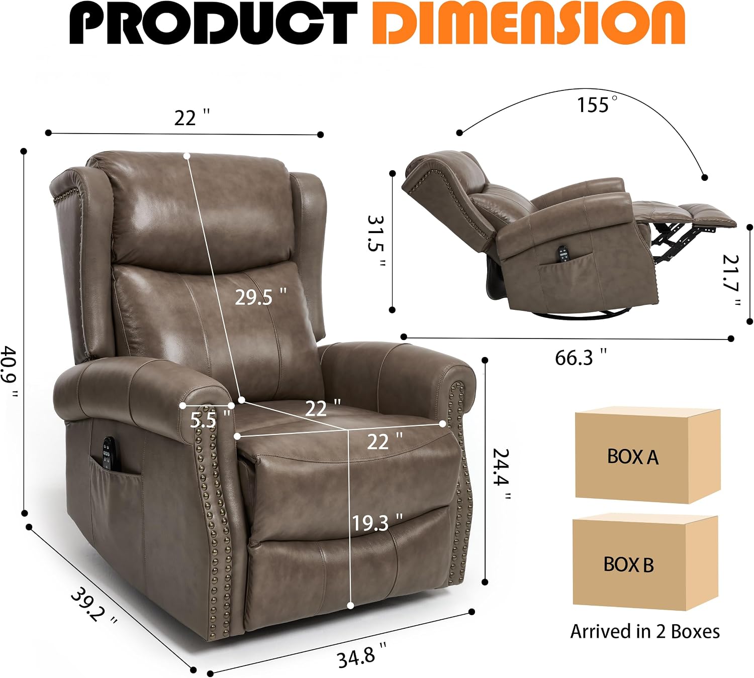 Genuine Leather Recliner Chair for Adults, Manual Swivel Rocker Glider Rocking Chair with Vibration Massage Lumbar Heat for Nursery, Rivet Design Single Sofa Chair for Living Room - Gray Brown
