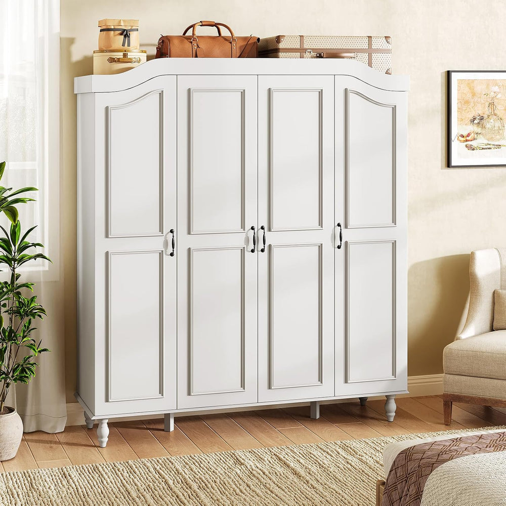 71" H Arched Armoire Wardrobe Closet with 4 Doors, Wooden, White | Large...