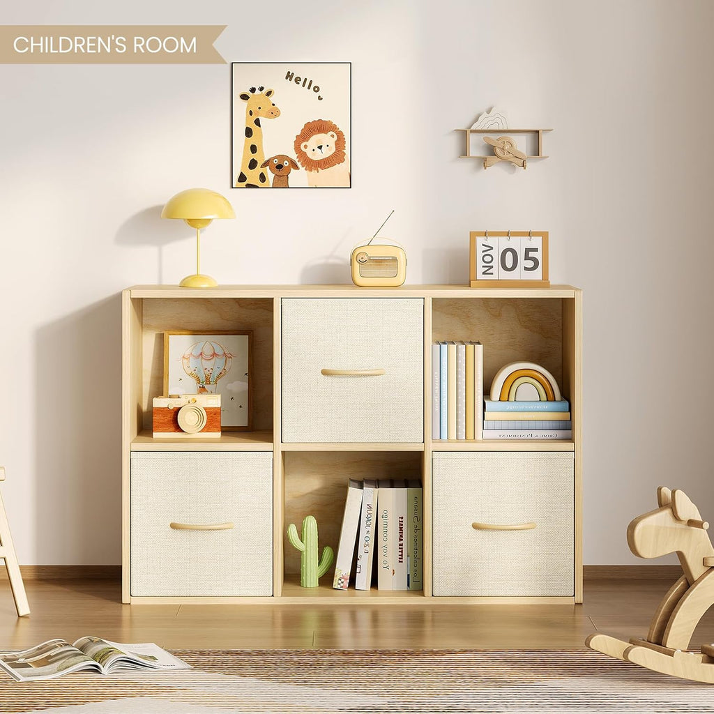 EXPERLAM 6 Cube Storage Organizer - Solid Wood Bookshelf with 3 Storage Bins, Cube Shelf with 2 Removable Back Panels, Vertical or Horizontal Bookcase, Open Book Shelf for Bedroom, Living Room, Office