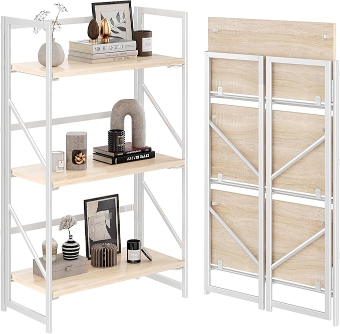 JSB No Assembly Folding Bookshelf, 3 Tier Industrial Metal Book Shelf for Sto...