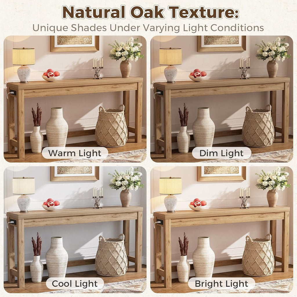 Cyclysio 63" Console Table with Charging Station, 13.8" Deep Farmhouse Sofa Table Behind Couch with 2 AC Outlets & 3 USB Ports, Long Entryway TV Console or Home Office Desk, Natural Oak