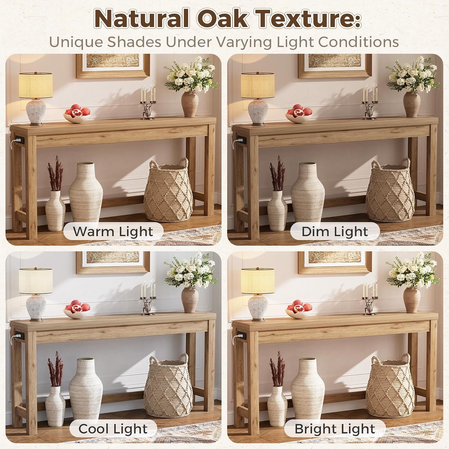Cyclysio 63" Console Table with Charging Station, 13.8" Deep Farmhouse Sofa Table Behind Couch with 2 AC Outlets & 3 USB Ports, Long Entryway TV Console or Home Office Desk, Natural Oak