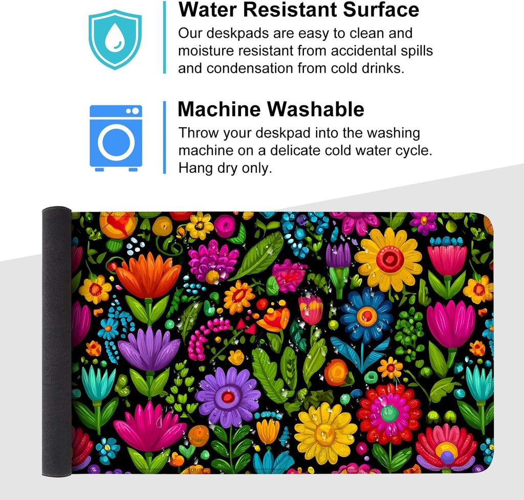 Folk Art Floral Mouse Pad – Large Extended Desk Mat 35.43 x 15.75 in – Colorful Boho Flowers on Black Background, Waterproof Surface, Non-Slip Rubber Base, Oversized Mouse & Keyboard Pad