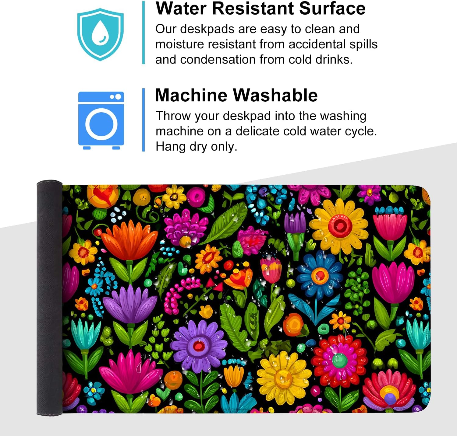 Folk Art Floral Mouse Pad – Large Extended Desk Mat 35.43 x 15.75 in – Colorful Boho Flowers on Black Background, Waterproof Surface, Non-Slip Rubber Base, Oversized Mouse & Keyboard Pad