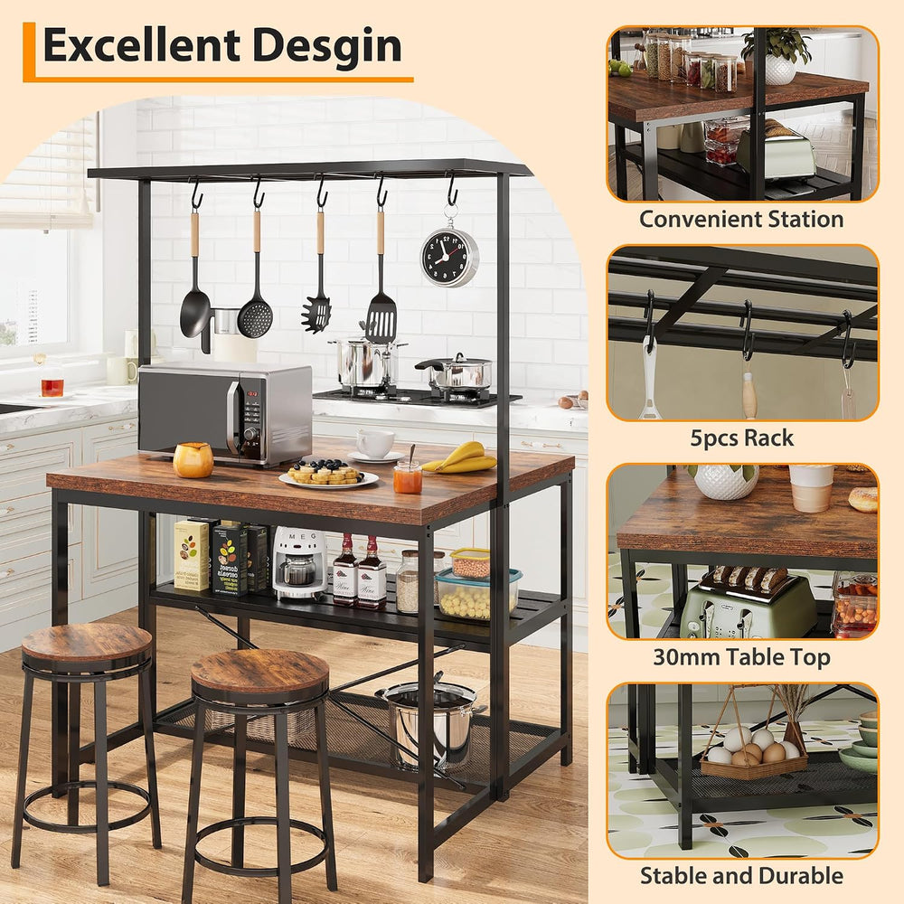 TrailBlaze 42'' Kitchen Island with Storage– 3-Tier Bakers Rack, Wood...