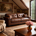 Faux Leather Sofa, Mid Century Modern Deep Loveseats, Comfy Cloud Couch, Tufted Pillow Top Arm Furniture for Living Room, Apartment, Cognac Brown