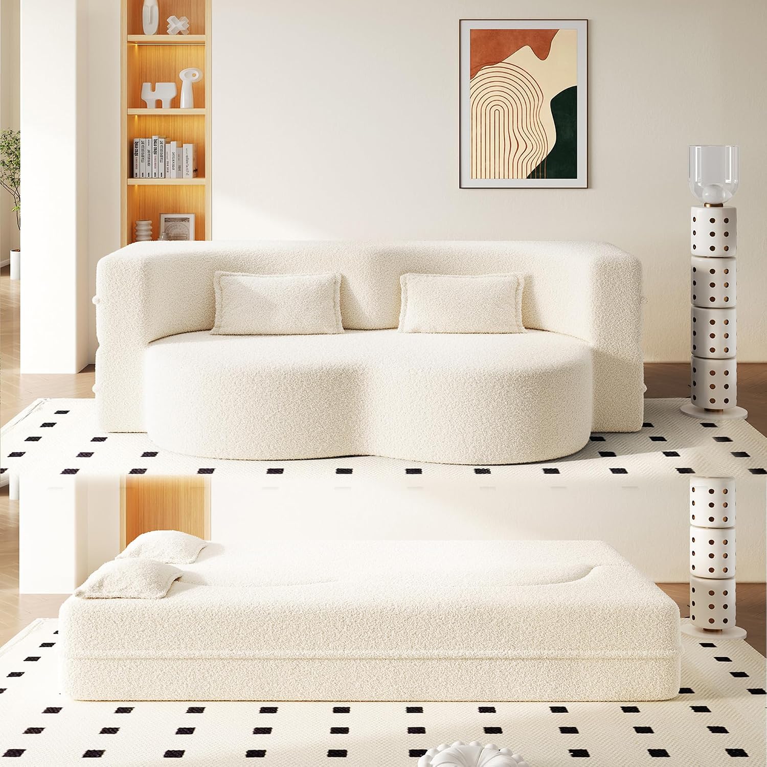 Convertible Folding Sofa Bed, 2-in-1 Full Size Floor Boneless Couch Bed, Loveseat Sleeper Couch, Teddy Floor Sofa, Memory Foam Sleeper SofaBed, Small couches for Small Spaces, No Assembly