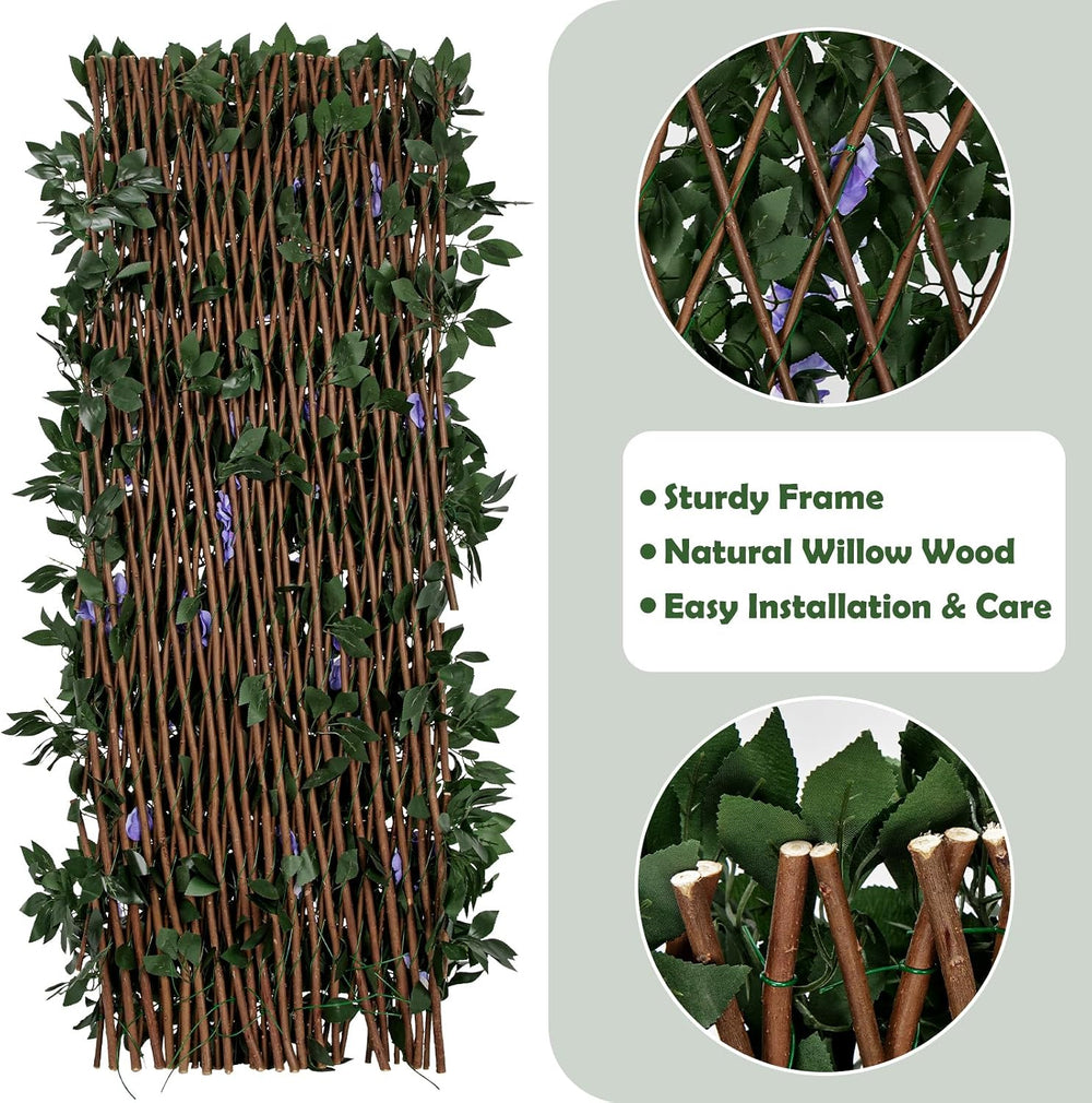 Expandable Faux Fence Privacy Screen with Flowers for Indoor Outdoor Balcony ...