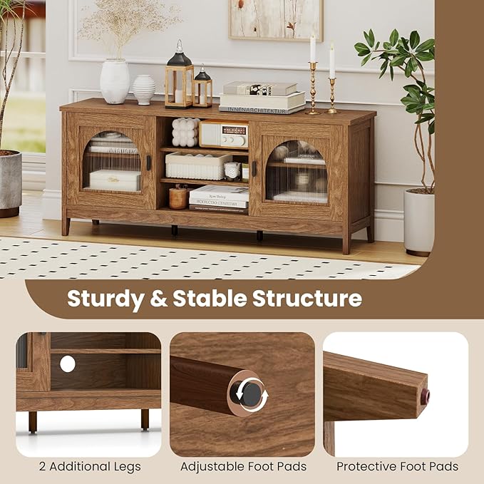Giantex Farmhouse TV Stand for TVs up to 65", Modern Vintage Entertainment Center w/Storage, Adjustable Shelves, Cable Holes&Glass Doors, Media TV Console Table for Bedroom, Living Room (Walnut)