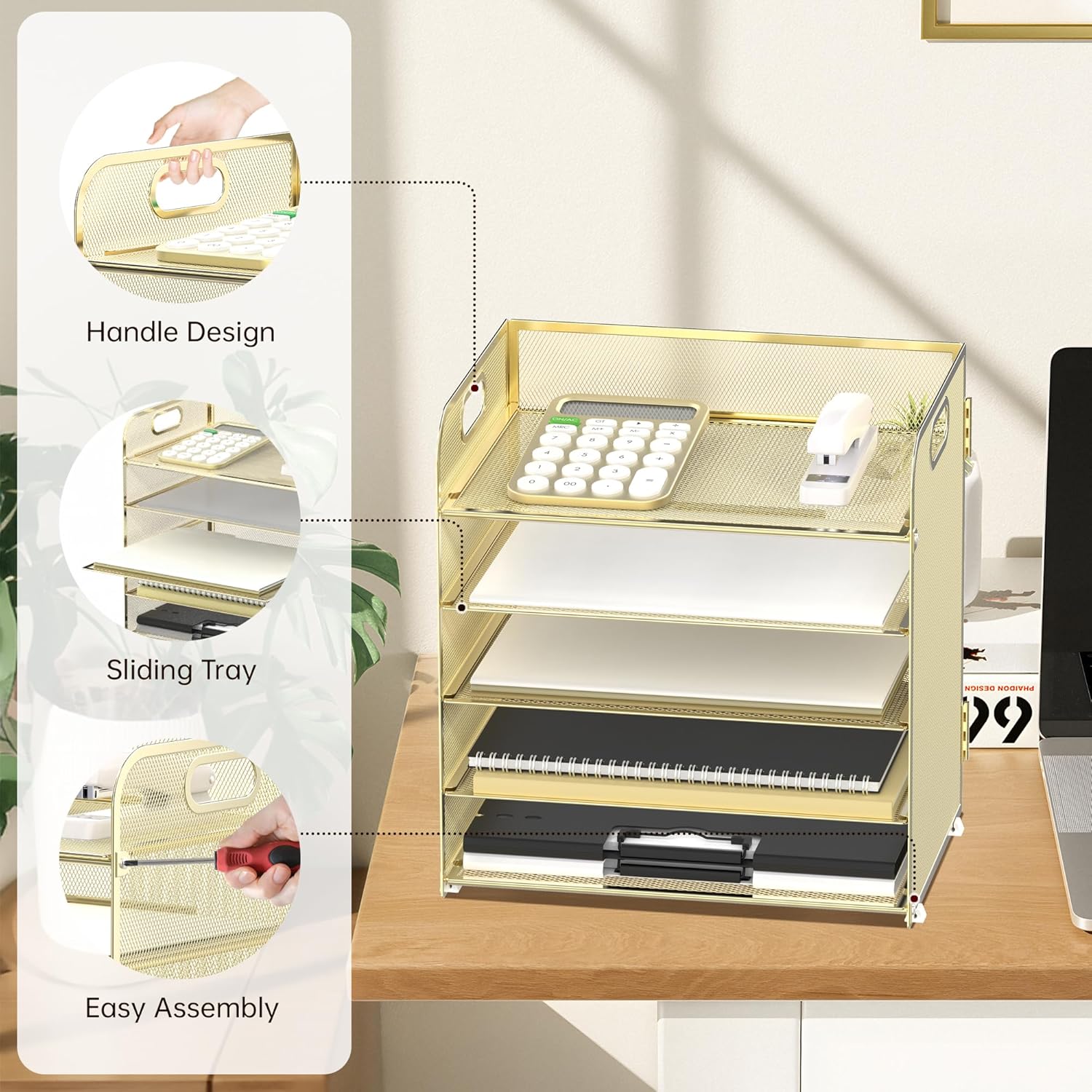 Supeasy 5 Trays Paper Organizer Letter Tray with Handle-Mesh Desk File Organizer, Paper Sorter Desk Organizer for Office, Home or School (Golden)