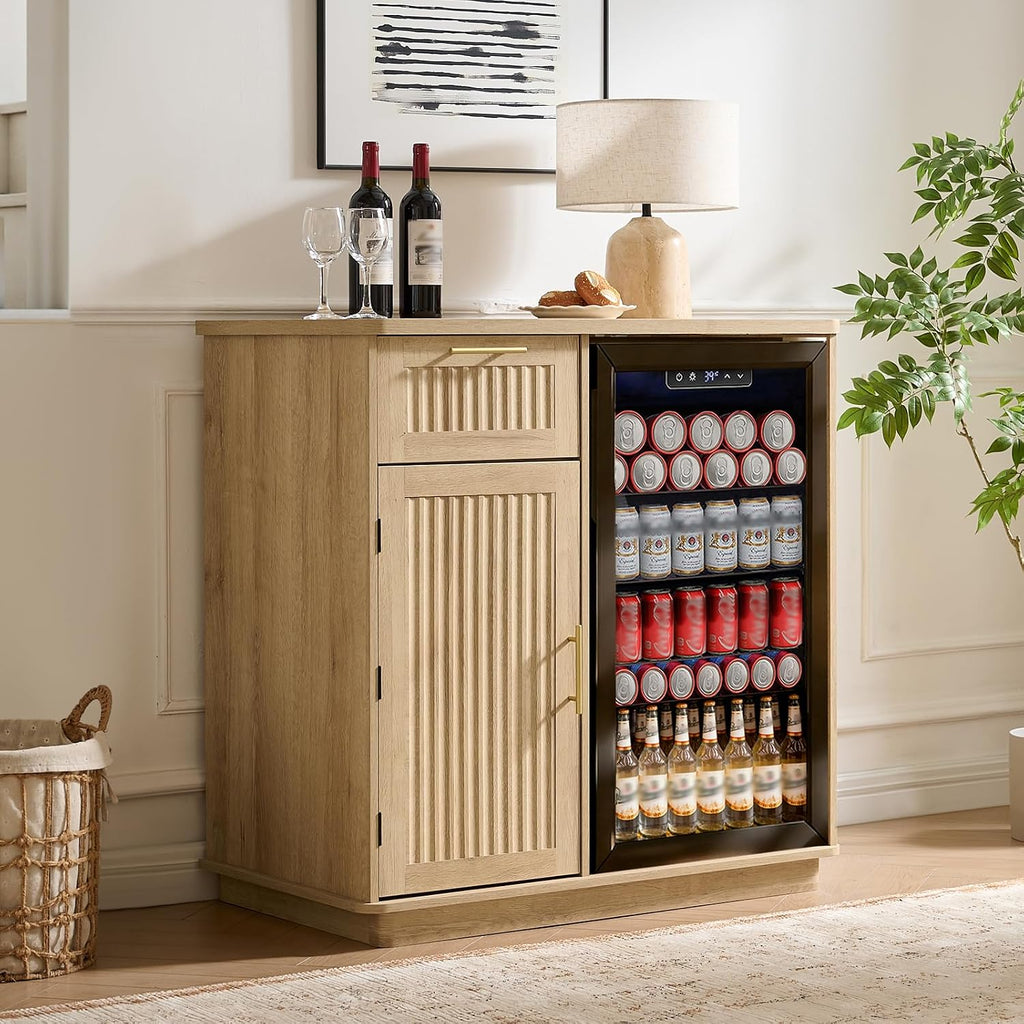 Okvnbjk Mini Fridge Cabinet with Storage & Power Outlet, Oak | Coffee Bar Cabinet with Fridge Space, Fluted Bar Cabinet for Living Room, Dining Room, Dorm