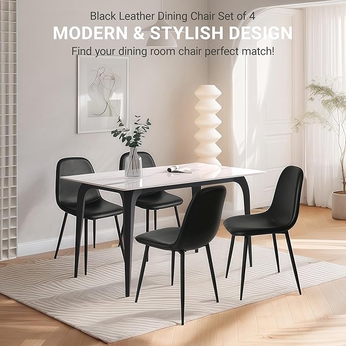 CangLong Black Dining Chairs, Modern Faux Leather Upholstered Kitchen Chairs Armless Accent Chairs with PU Leather Backrest & Metal Legs for Dining, Living & Meeting Room, Set of 4