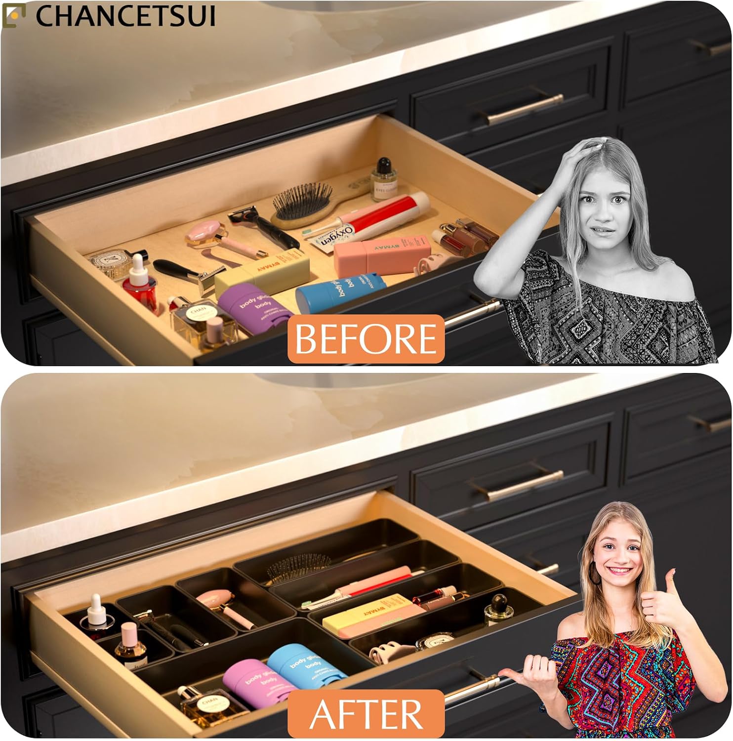 Black Bathroom Drawer Organizer Trays: 9 PC Stackable Desk Organizers Bin | vanity office kitchen modern shallow containers modular storage