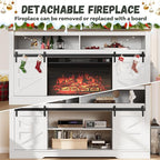 YESHOMY Fireplace TV Stand for Television up to 65+ Inch with Storage and Farmhouse Sliding Barn Doors, Entertainment Center with Cabinet and Shelves, Media Console for Living Room, White