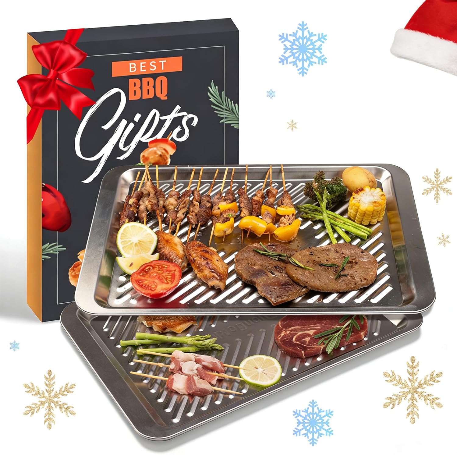 Grilling Prep and Serve Trays Set of 2 Stackable Stainless Steel BBQ Trays Marinating Tray Food Serving Platter for Cooked and Raw Meat BBQ Prep Tub Dishwasher Safe