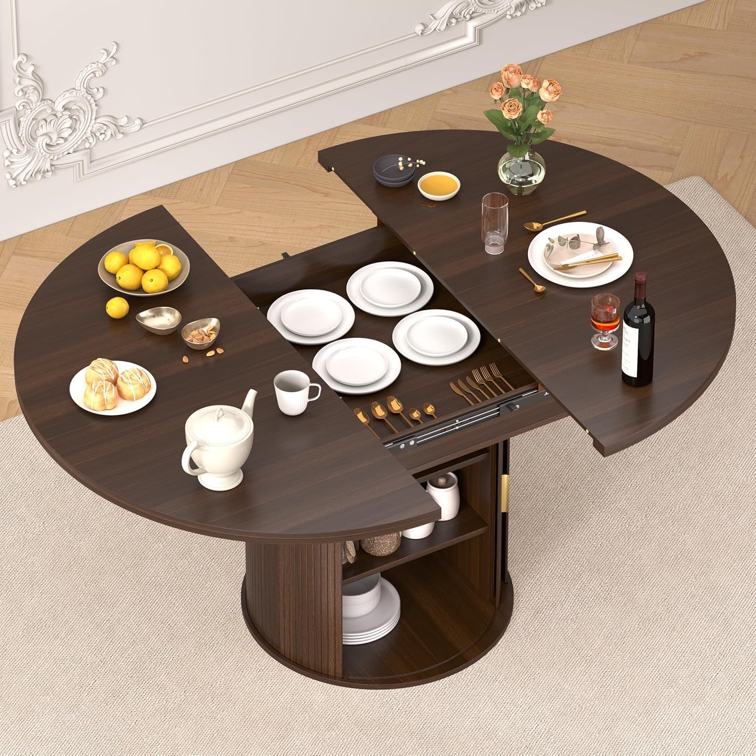 Extendable Round Dining Table: 47″–63″ Kitchen Table for 4 6 8 with Dust-Proof 2-Tier Storage Shelf Space Saving, Modern Farmhouse Expandable Wood Oval Circle Dinner Furniture with Pedestal Base