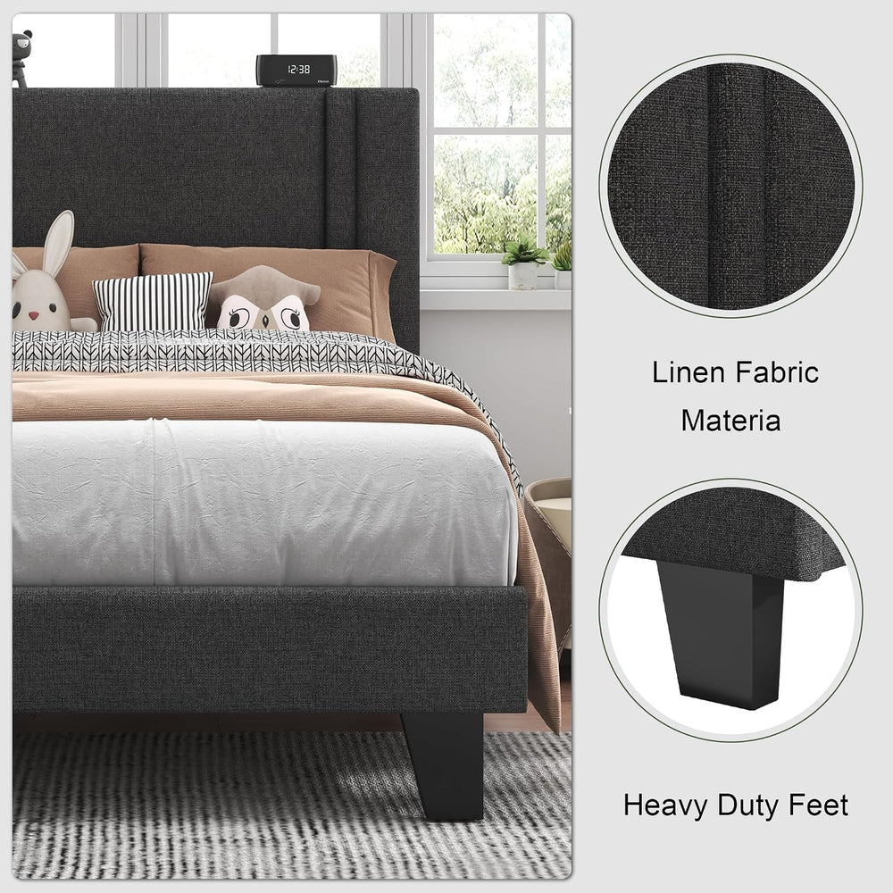 Feonase Twin Platform Bed Frame, Fabric Upholstered Twin Bed Frame, Solid Woo...
