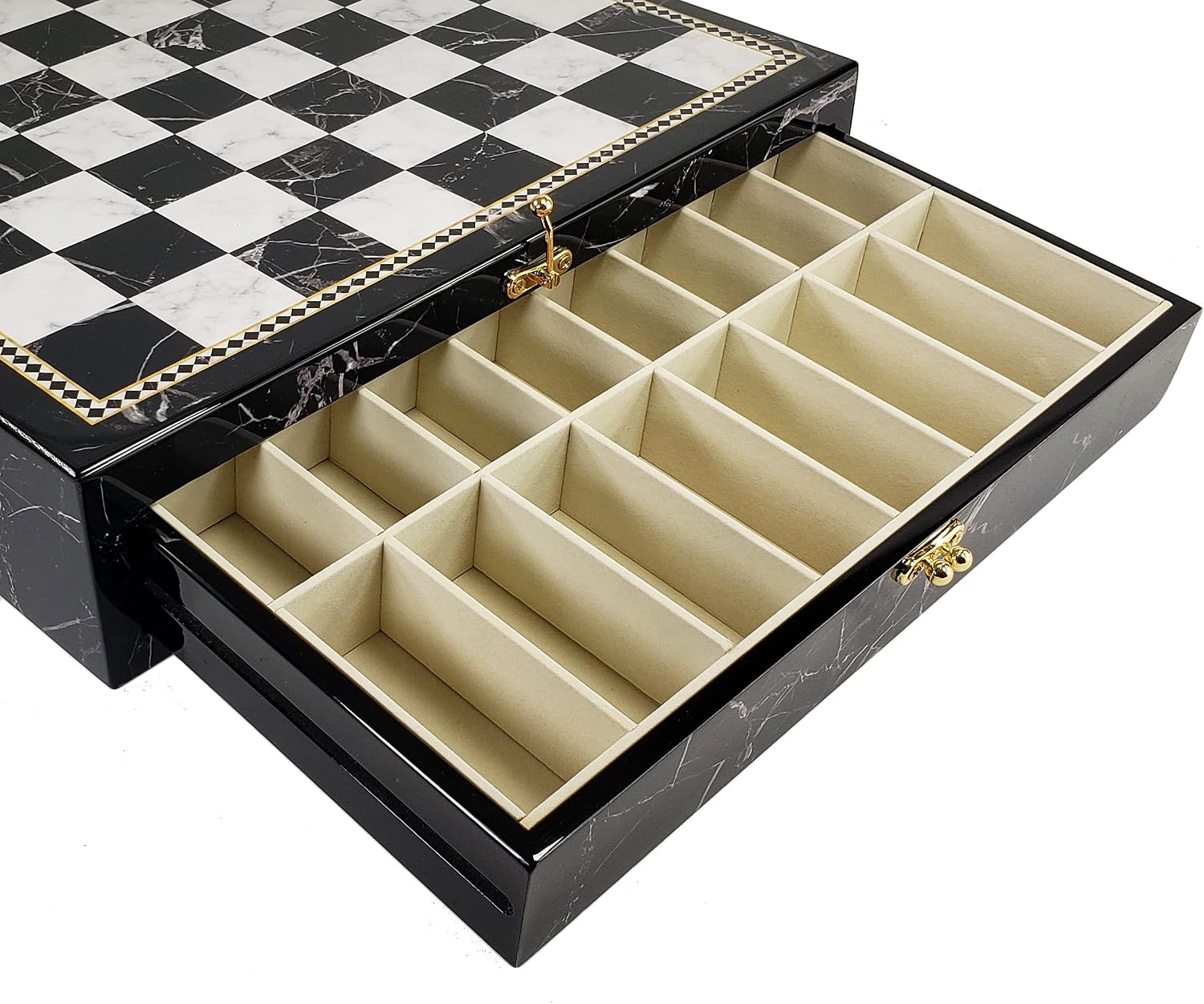 17" High Gloss Chess Storage Board Chest W/ 2 Drawers Black and White Faux Marble Color
