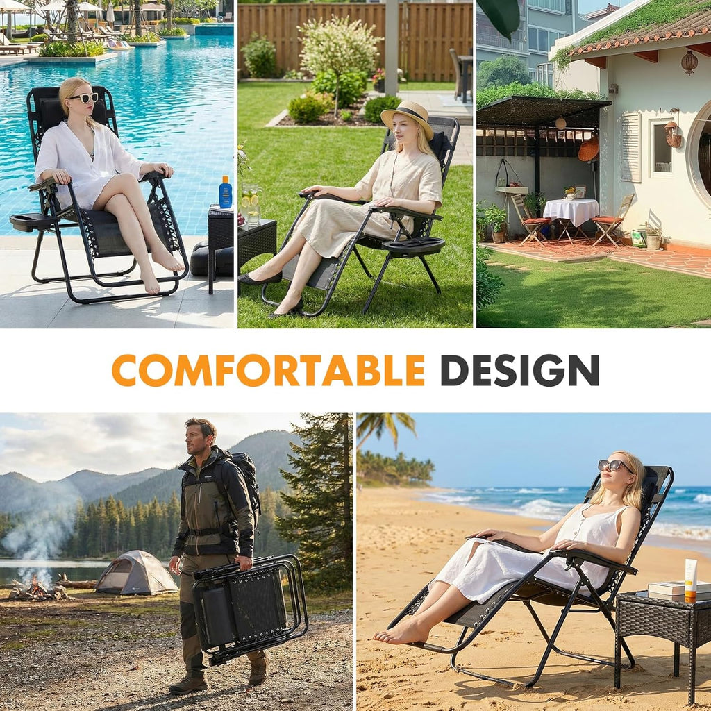 NEWBULIG Zero Gravity Chairs Set of 2, Lounge Chair Folding Portable Adjustable Camping Reclining Chairs with Adjustable Pollow, Mesh Back, Cup Holder Trays Lawn Patio Chair for Pool Beach
