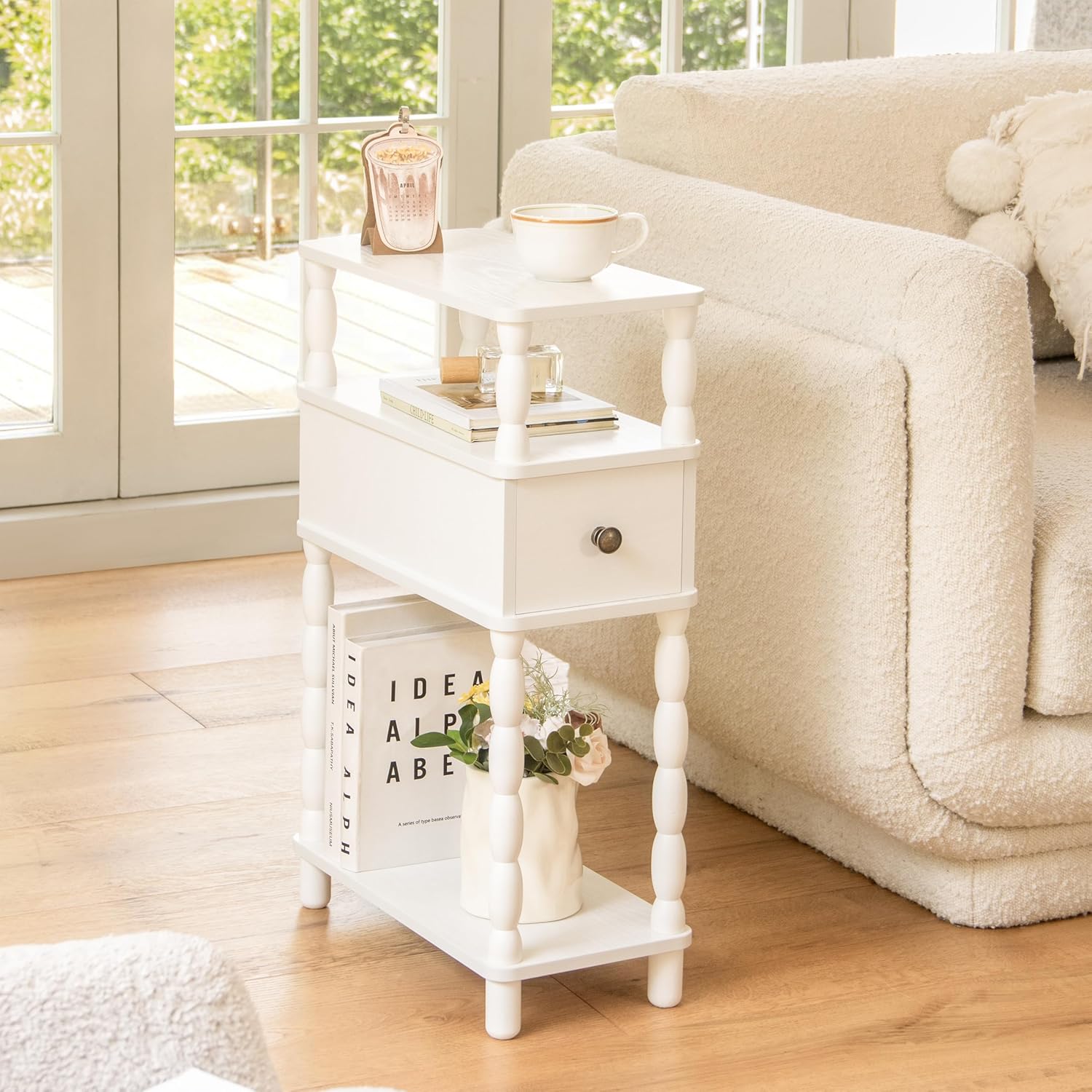MaxSmeo White Narrow End Table, Small Side Table Living Room, Skinny Bedside Table Nightstand with Drawer for Small Spaces, Bedroom (White)