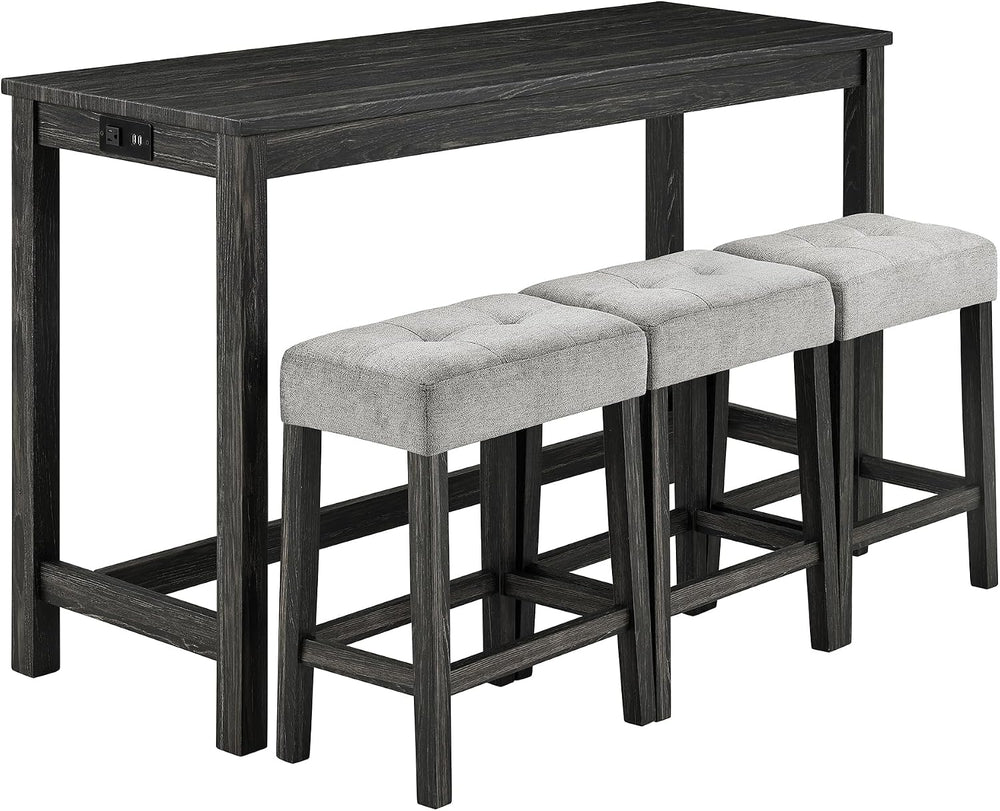 Bar Table Set with Power Outlet, 4 Piece Bar Table and Chairs Set, Industrial...