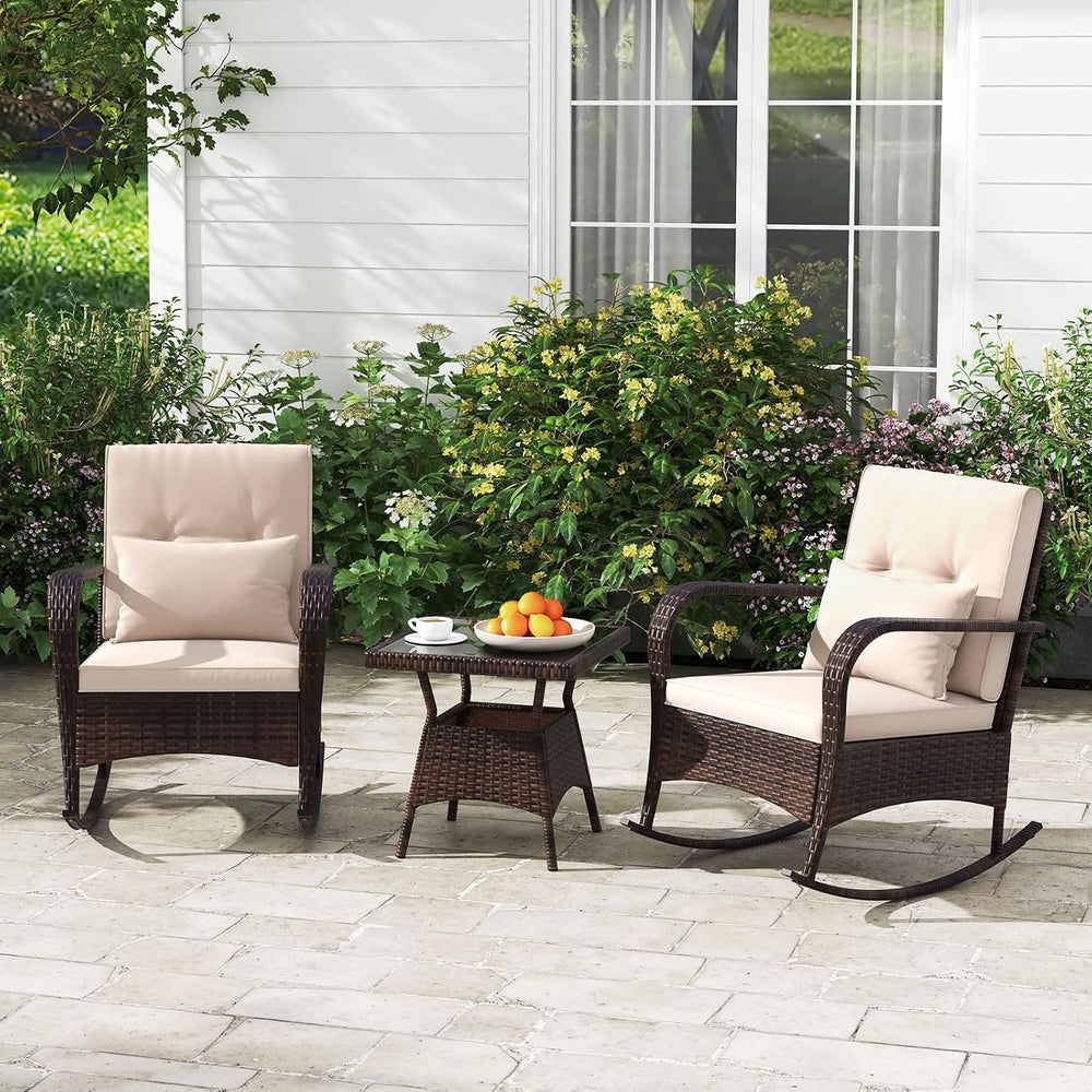 ORALNER 3 Pieces Outdoor Wicker Rocking Chair, Patio Furniture Set (Beige)