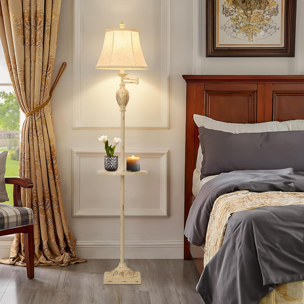 Traditional Floor Lamp with Tray, Remote Dimmable, 350° Swing Arm and White